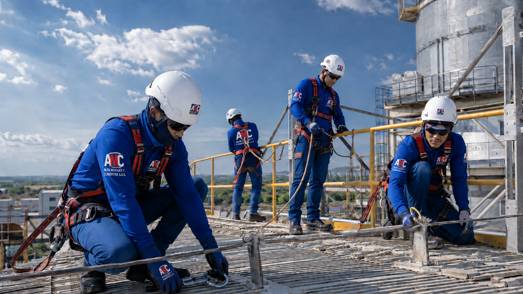 Equipo de ALFA MONTAJES Y CUBIERTAS S.A.S. realizando trabajos en alturas